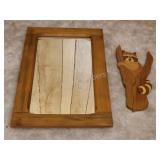 Wood Frame Mirror with Wood Wall Raccoon Sculpture