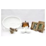 Oval White Platter, Wood Box, Frames, Figurines
