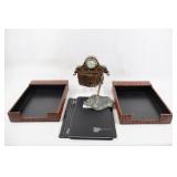 Leather Bond Office Trays, Clock & Pen Set