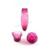 Cranberry Handkerchief Dish, Vase & Rose Bowl