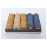 Antique Clay Poker Chips in Wooden Tray Holder