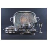 Silver Plate Serving Tray, Coffee & Tea Pots