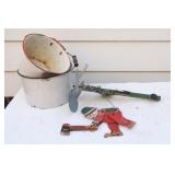 Homestead Enamel Stock Pots w Folk Art Whirligig