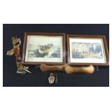 Native Birch Bark Canoes w Totem Pole, Artwork