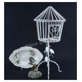 Metal Table Top Bird Cage, Signed Carved Bird