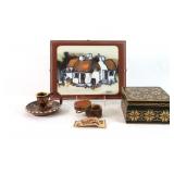 Signed Watercolor, Marquetry Box, Chamber Stick
