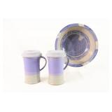 Signed Artisian Two Tone Pottery Bowl &Travel Mugs
