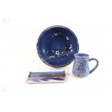 Signed Artisian Textured Pottery Bowl, Cup &Plate