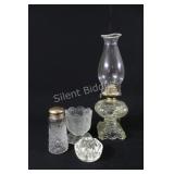 Pressed Glass Finger Lamp w Sugar Bottle & Vase