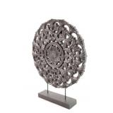 lack Wood Round Buddhist Wheel Ornament on Stand