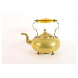 19th C Brass Footed Kettle w Amber Glass Handle