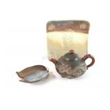 Chinese Pottery Clay Tea Pot w Dragons & SIde Dish