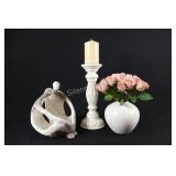 Ceramic Couple Figurine, Wood Candle Holder