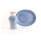Signed Artisian Glaze Platter w Vase