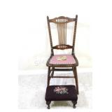 Spindle Oak & Embroidered Chair w Foot Stool