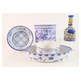 Blue & White Portugal Pottery Bowls & Oil Pitcher