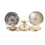 Silverplate Serving Trays w Crumb Catcher & Vases