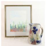 Artisian Hand Crafted Pottery Pitcher w Watercolor