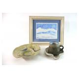Signed Let in Snow Watercolor Artwork w Pottery