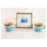 Signed Original Watercolor Artwork w Pottery Mugs