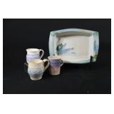 Signed Artisian Pottery Casserole Dish w Mugs