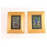 SIgned Cheke Hand Painted Pane WIndow Framed Art