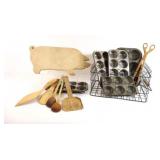 VTG Muffin Trays, Antique Wooden Spoons,PIG Board