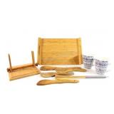 Bamboo Tray, Assorted Wooden Utensils & Mugs