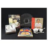 Assorted Cookbooks & Appetizer Sets, Glass Tray