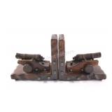 Vintage Carved Wooden Bookends w Cannons.