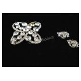 VTG Clear Rhinestone Brooch w Clip-On Earrings