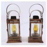 Pair of Brass & Colored Glass Kerosene Lanterns