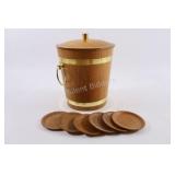 Mid Century Wood & Brass Ice Bucket w Coasters