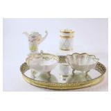 Vanity Rim Mirror w Footed Bowls,Vase & Container