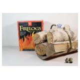 Sealed Box of PC Fire Logs w Brass Log Holder