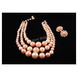VTG Peach Multi Strand Necklace w Clip-On Earrings