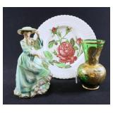Emerald Gold Gilded Vase, China Lady & Plate