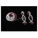 VTG Clear & Ruby Red Rhinestone Brooch & Earrings