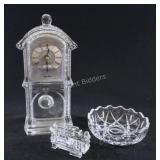Cut Glass Clock & Signed Crystal Train w Dish