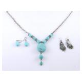 Turquoise Stone Pendant Necklace w Earring Set