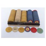 Antique Clay Poker Chips in Wooden Tray Holder