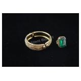 Gold Tone Bracelet w Large Green Stone Ring