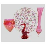 Ruby Red Duck, Cranberry Vases & Floral Cake Plate