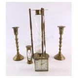 Brass Hour Glasses w Candle Sticks & Clock