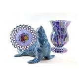 Mosaic Candle Holder, Teal Glazed Sea Lion,Plate