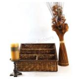Desk Organizer w Pillar Candle & Curly Dried Decor