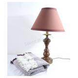 Turned Wooden & Brass Table Lamp w Cotton Throw