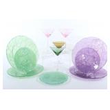 Frosted Green & Purple 3PC Dishes,Martini Glasses