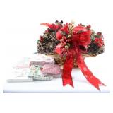 Large Wicker Basket w Pine Cones Lights & Napkins