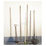 Collection of Rakes, Hoe, Edger and Shovel